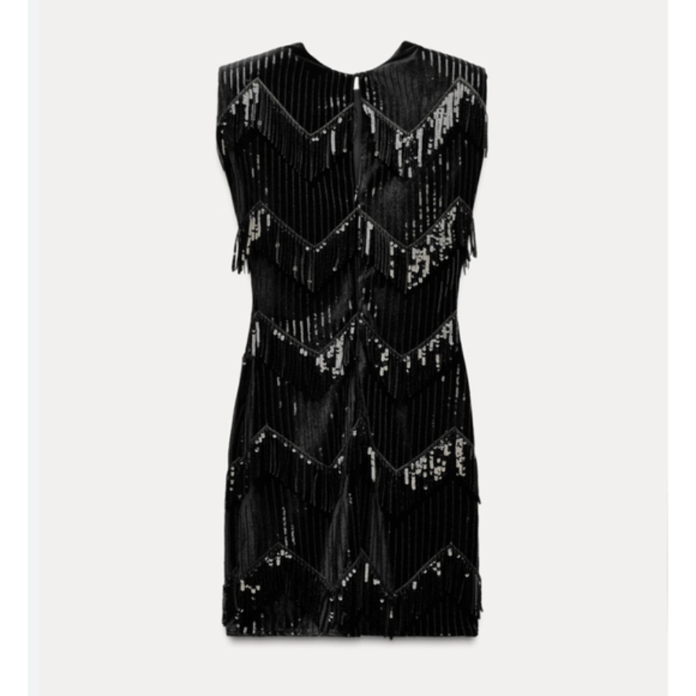 Zara Velvet Black Sequin Fringe Dress New no Tags Women’s Size M